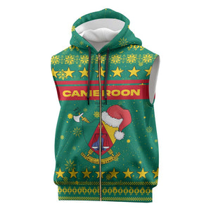 Cameroon Christmas Sleeveless Zip Hoodie Coat of Arms Santa Hat and Stars Motif - African Pride