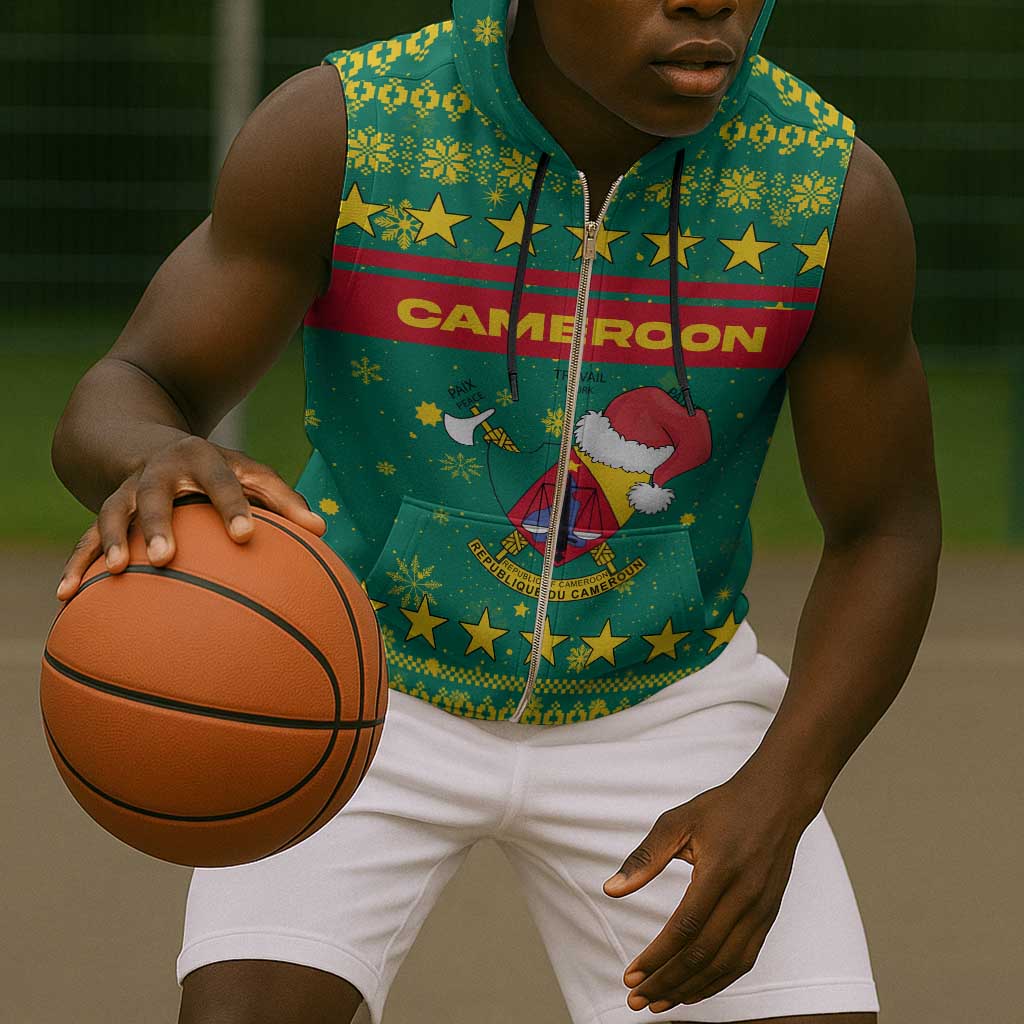 Cameroon Christmas Sleeveless Zip Hoodie Coat of Arms Santa Hat and Stars Motif - African Pride