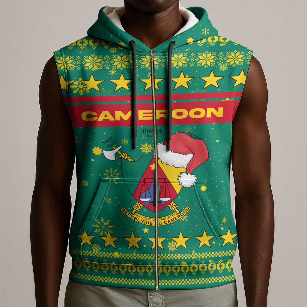 Cameroon Christmas Sleeveless Zip Hoodie Coat of Arms Santa Hat and Stars Motif - African Pride