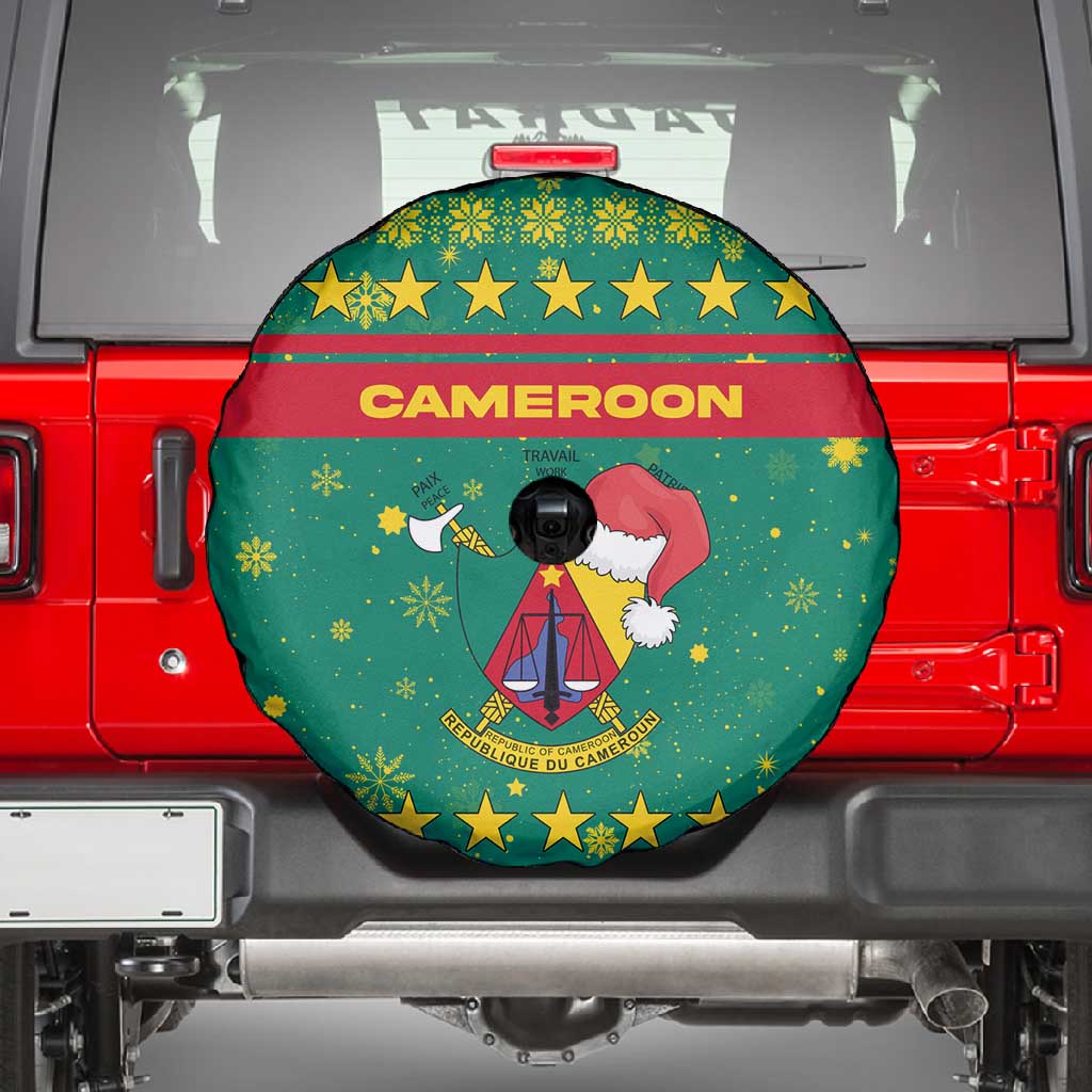 Cameroon Christmas Spare Tire Cover Coat of Arms Santa Hat and Stars Motif - African Pride