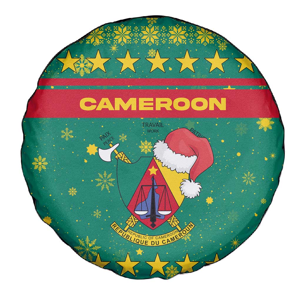 Cameroon Christmas Spare Tire Cover Coat of Arms Santa Hat and Stars Motif - African Pride