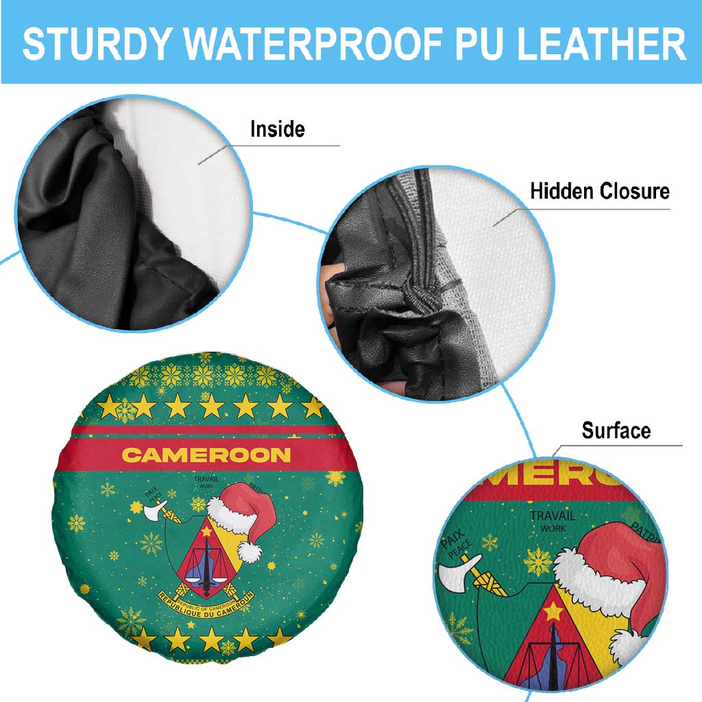 Cameroon Christmas Spare Tire Cover Coat of Arms Santa Hat and Stars Motif - African Pride