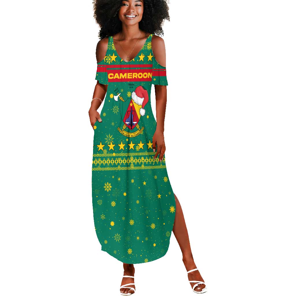 Cameroon Christmas Summer Maxi Dress Coat of Arms Santa Hat and Stars Motif - African Pride