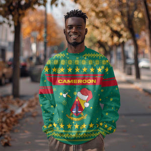 Cameroon Christmas Sweatshirt Coat of Arms Santa Hat and Stars Motif - African Pride