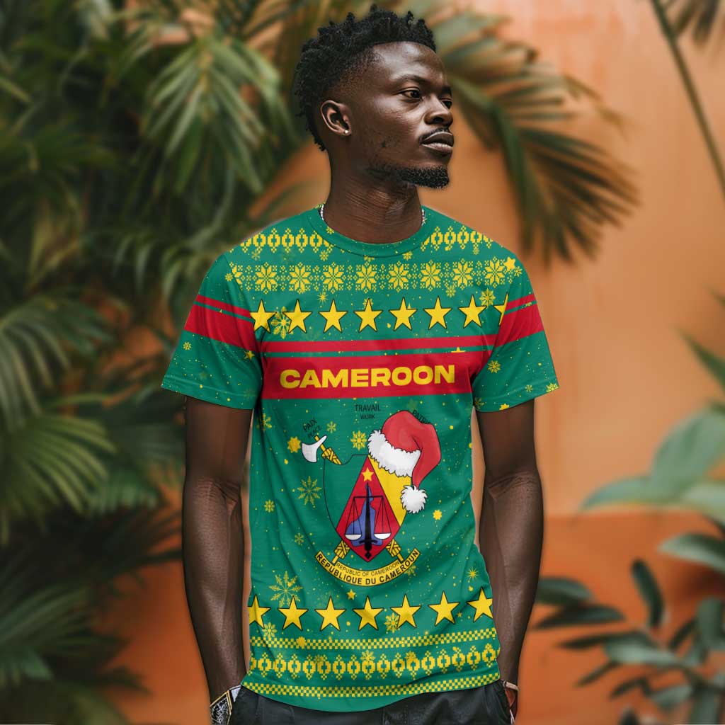 Cameroon Christmas T shirt Coat of Arms Santa Hat and Stars Motif - African Pride