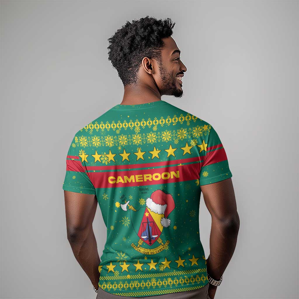 Cameroon Christmas T shirt Coat of Arms Santa Hat and Stars Motif - African Pride