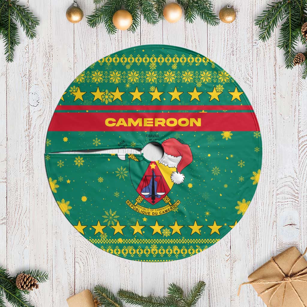 Cameroon Christmas Tree Skirt Coat of Arms Santa Hat and Stars Motif - African Pride