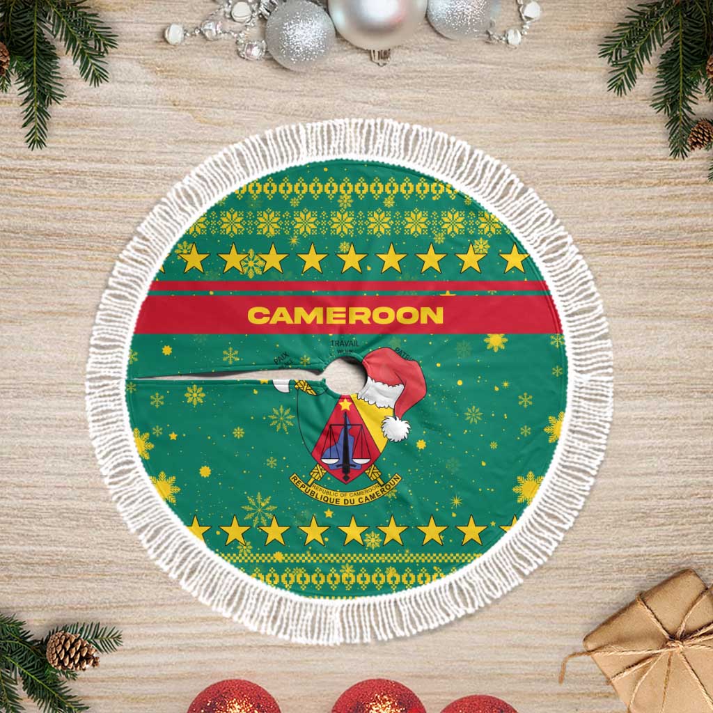 Cameroon Christmas Tree Skirt Coat of Arms Santa Hat and Stars Motif - African Pride