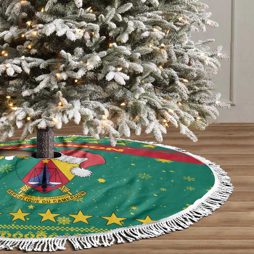 Cameroon Christmas Tree Skirt Coat of Arms Santa Hat and Stars Motif - African Pride