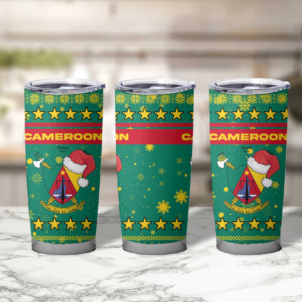 Cameroon Christmas Tumbler Cup Coat of Arms Santa Hat and Stars Motif - African Pride