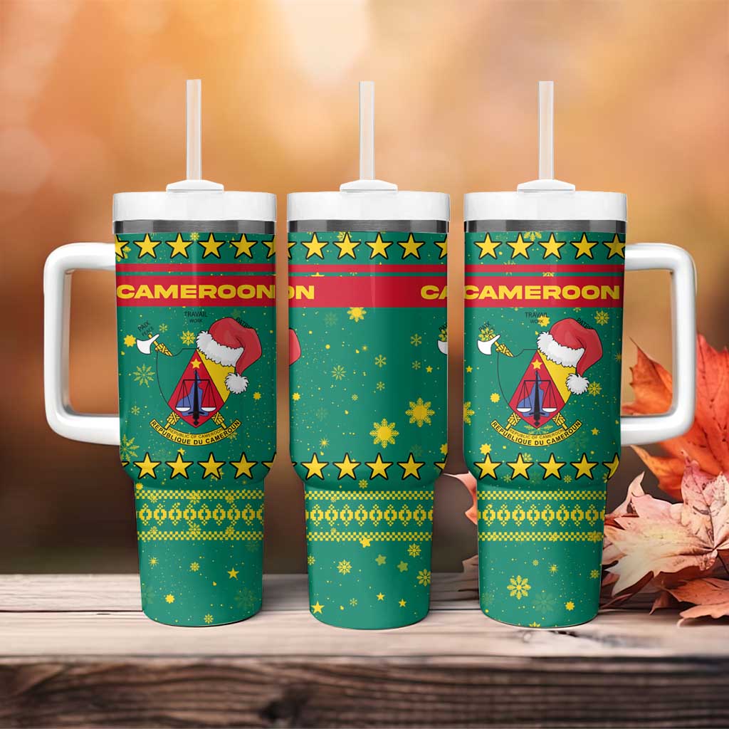 Cameroon Christmas Tumbler With Handle Coat of Arms Santa Hat and Stars Motif - African Pride