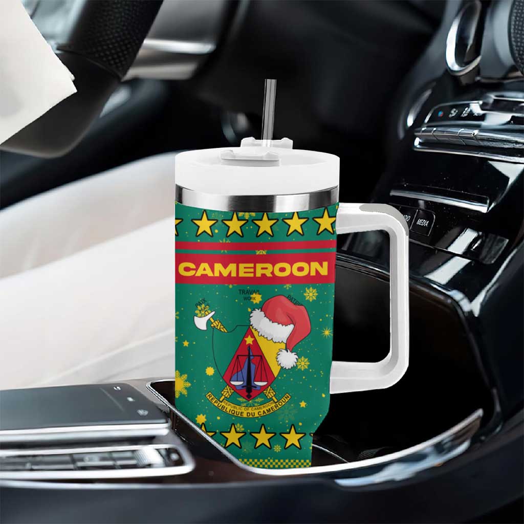 Cameroon Christmas Tumbler With Handle Coat of Arms Santa Hat and Stars Motif - African Pride