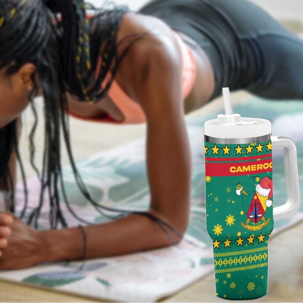 Cameroon Christmas Tumbler With Handle Coat of Arms Santa Hat and Stars Motif - African Pride