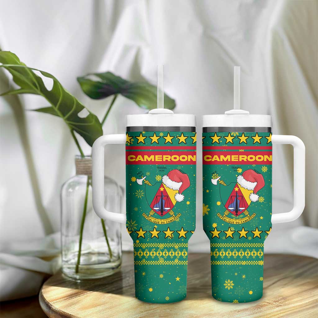 Cameroon Christmas Tumbler With Handle Coat of Arms Santa Hat and Stars Motif - African Pride