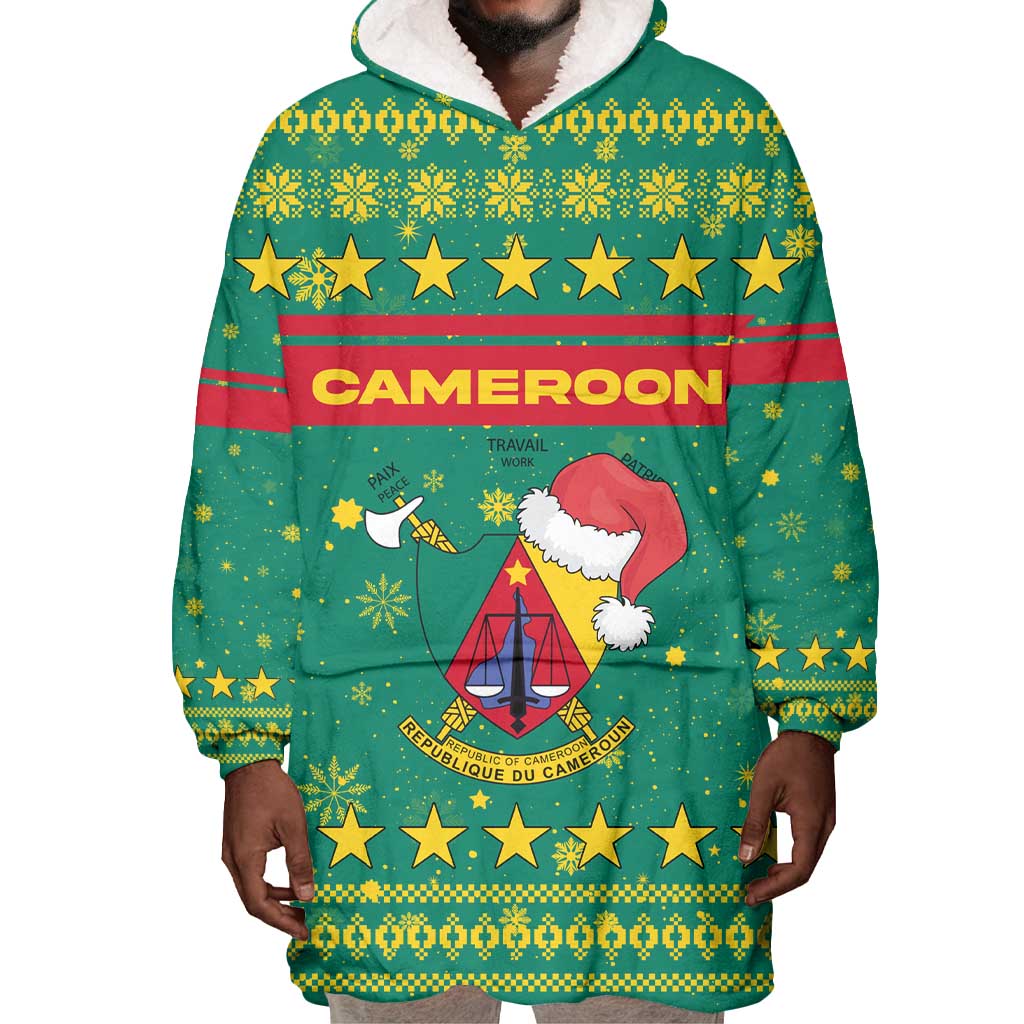 Cameroon Christmas Wearable Blanket Hoodie Coat of Arms Santa Hat and Stars Motif - African Pride