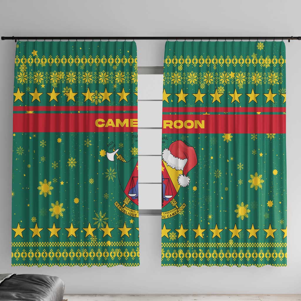 Cameroon Christmas Window Curtain Coat of Arms Santa Hat and Stars Motif - African Pride