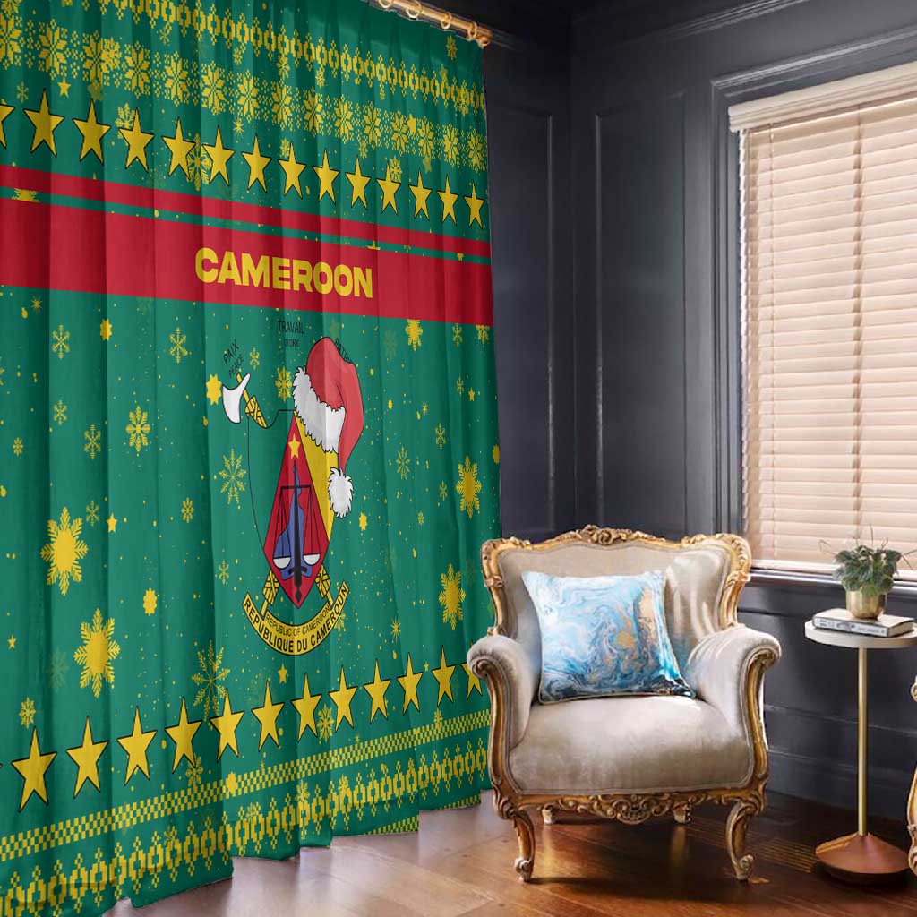 Cameroon Christmas Window Curtain Coat of Arms Santa Hat and Stars Motif - African Pride