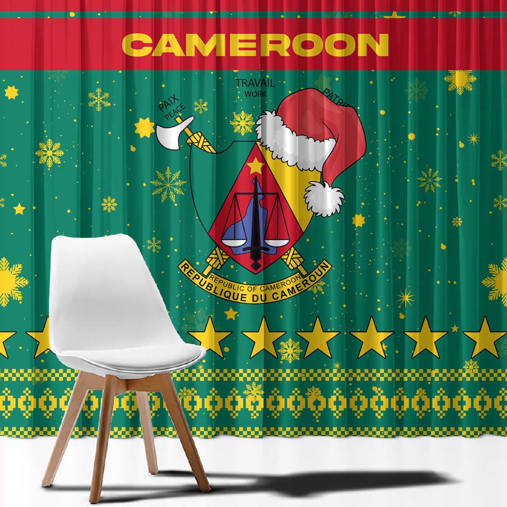 Cameroon Christmas Window Curtain Coat of Arms Santa Hat and Stars Motif - African Pride