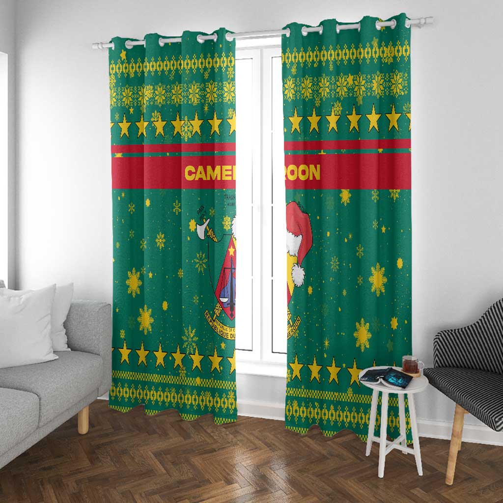 Cameroon Christmas Window Curtain Coat of Arms Santa Hat and Stars Motif - African Pride