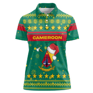 Cameroon Christmas Women Polo Shirt Coat of Arms Santa Hat and Stars Motif - African Pride