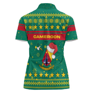 Cameroon Christmas Women Polo Shirt Coat of Arms Santa Hat and Stars Motif - African Pride