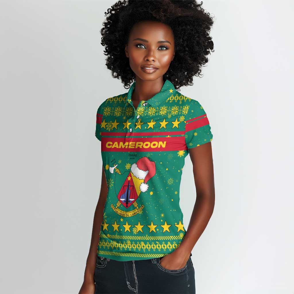 Cameroon Christmas Women Polo Shirt Coat of Arms Santa Hat and Stars Motif - African Pride