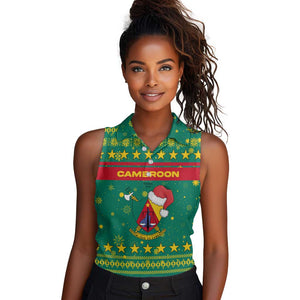 Cameroon Christmas Women Sleeveless Polo Shirt Coat of Arms Santa Hat and Stars Motif - African Pride