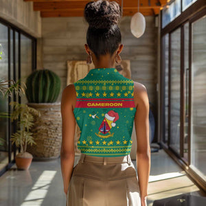 Cameroon Christmas Women Sleeveless Polo Shirt Coat of Arms Santa Hat and Stars Motif - African Pride