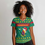 Cameroon Christmas Women V-Neck T-Shirt Coat of Arms Santa Hat and Stars Motif - African Pride