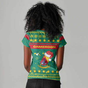 Cameroon Christmas Women V-Neck T-Shirt Coat of Arms Santa Hat and Stars Motif - African Pride