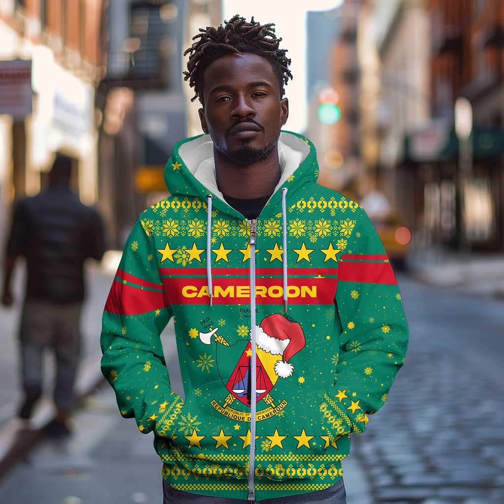 Cameroon Christmas Zip Hoodie Coat of Arms Santa Hat and Stars Motif - African Pride