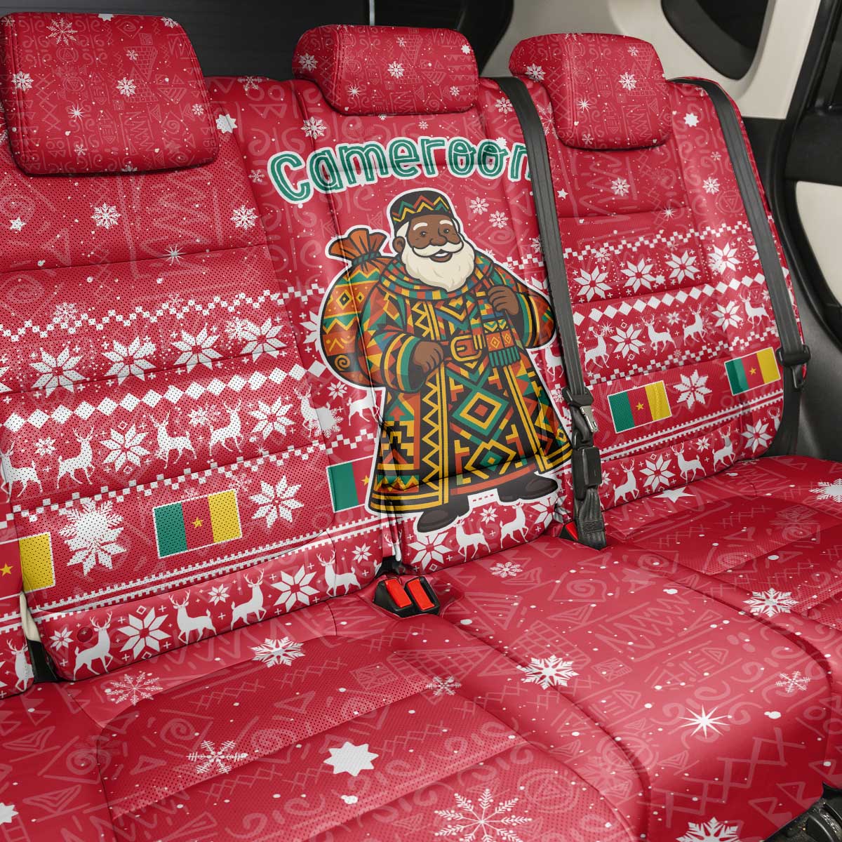 Cameroon Christmas Back Car Seat Cover Snowflake Pattern Traditional Santa and Map Motif - African Pride