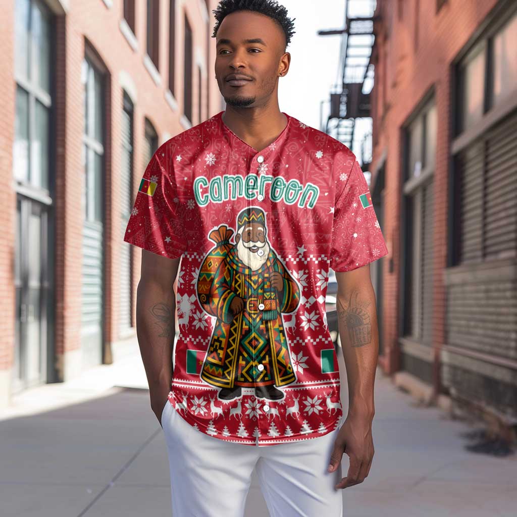 Cameroon Christmas Baseball Jersey Snowflake Pattern Traditional Santa and Map Motif - African Pride