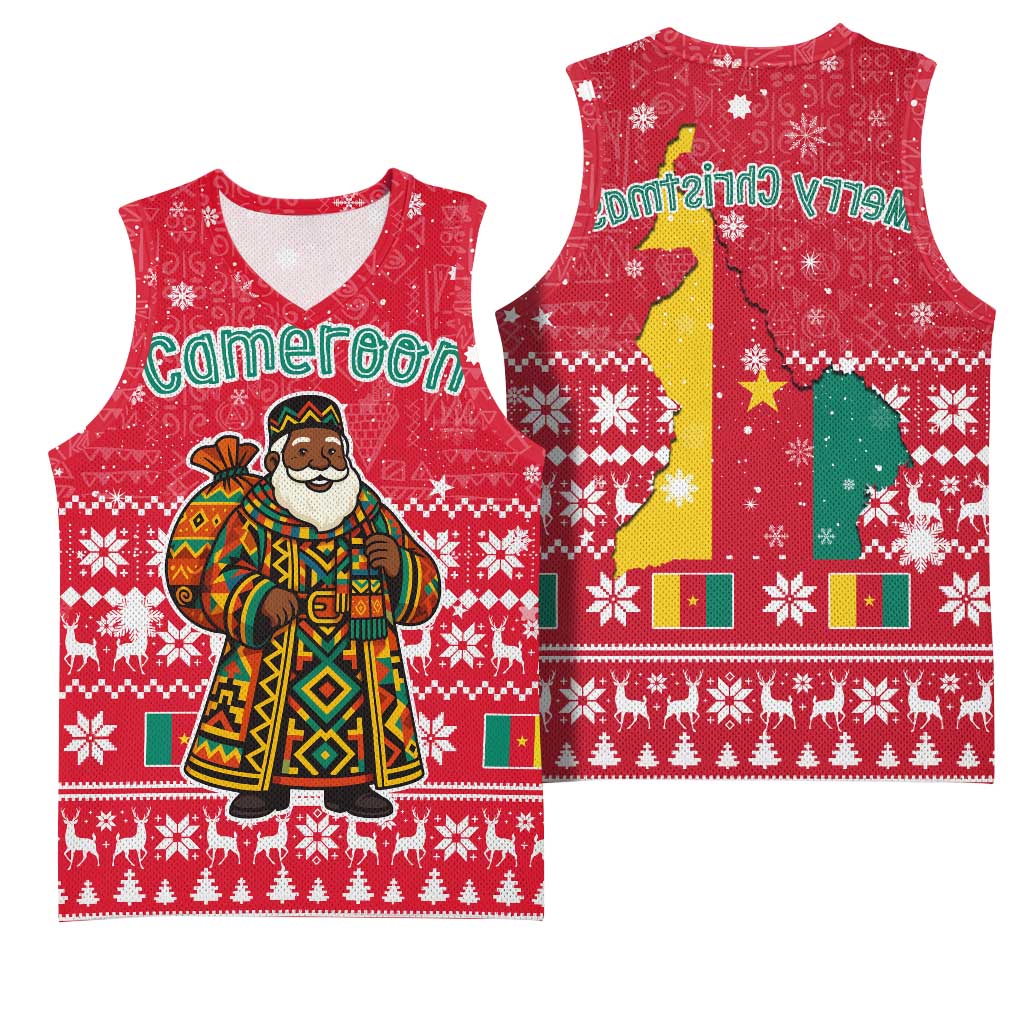 Cameroon Christmas Basketball Jersey Snowflake Pattern Traditional Santa and Map Motif - African Pride