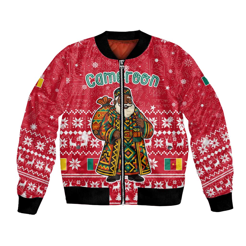 Cameroon Christmas Bomber Jacket Snowflake Pattern Traditional Santa and Map Motif - African Pride