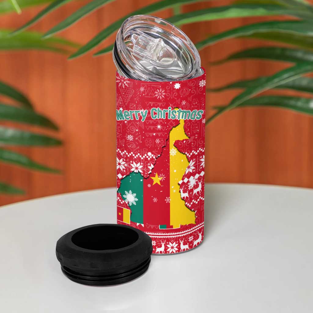 Cameroon Christmas 4 in 1 Can Cooler Tumbler Snowflake Pattern Traditional Santa and Map Motif - African Pride