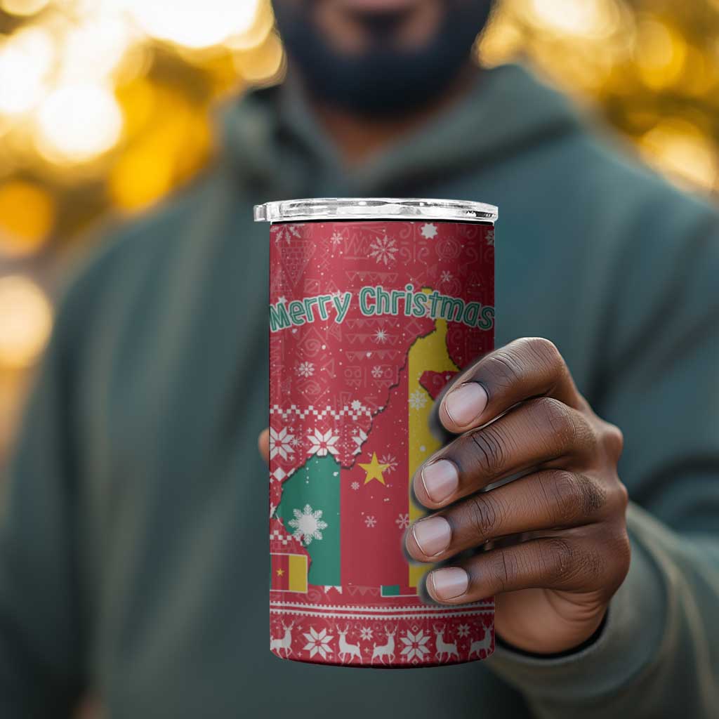Cameroon Christmas 4 in 1 Can Cooler Tumbler Snowflake Pattern Traditional Santa and Map Motif - African Pride