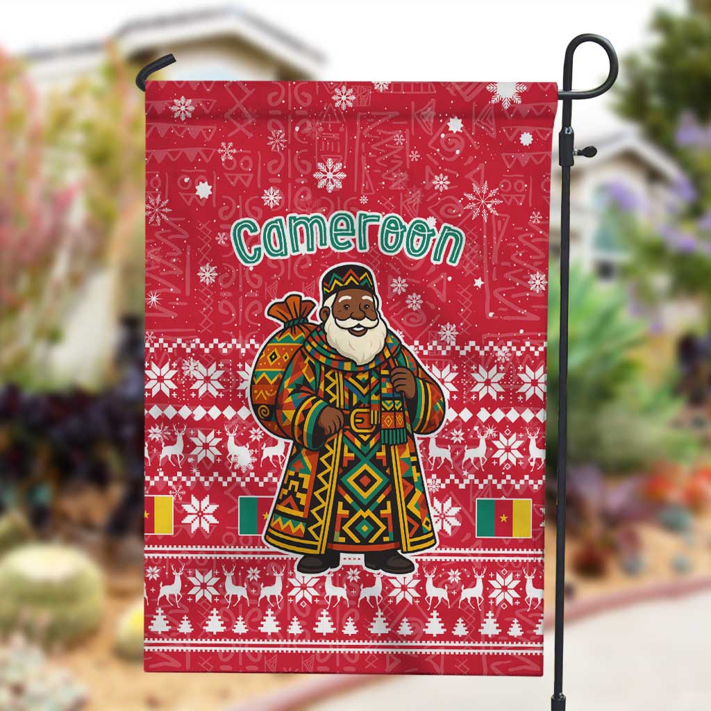 Cameroon Christmas Garden Flag Snowflake Pattern Traditional Santa and Map Motif - African Pride