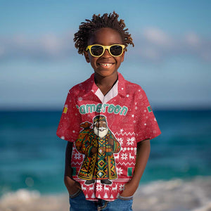 Cameroon Christmas Kid Hawaiian Shirt Snowflake Pattern Traditional Santa and Map Motif - African Pride
