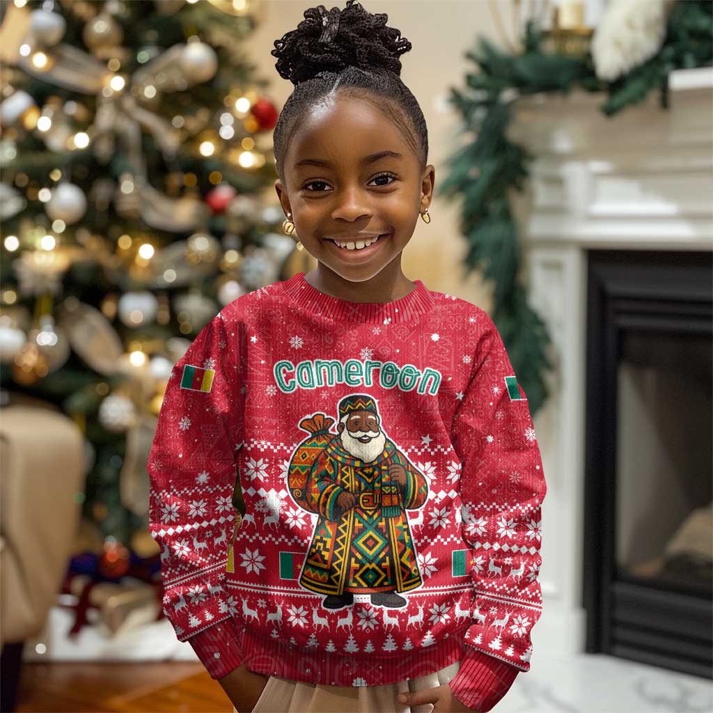Cameroon Christmas Kid Ugly Christmas Sweater Snowflake Pattern Traditional Santa and Map Motif - African Pride