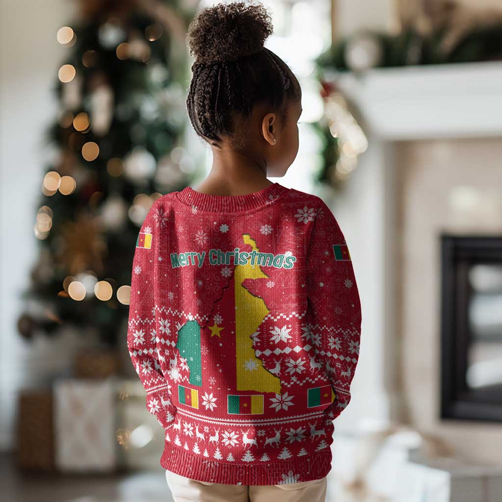 Cameroon Christmas Kid Ugly Christmas Sweater Snowflake Pattern Traditional Santa and Map Motif - African Pride