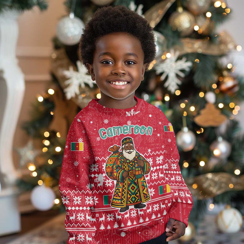 Cameroon Christmas Kid Ugly Christmas Sweater Snowflake Pattern Traditional Santa and Map Motif - African Pride