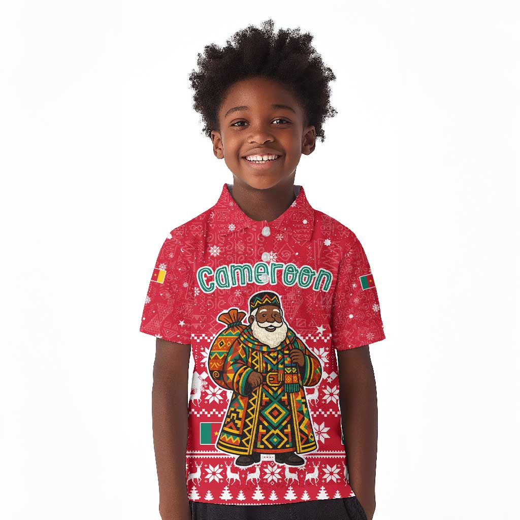 Cameroon Christmas Kid Polo Shirt Snowflake Pattern Traditional Santa and Map Motif - African Pride