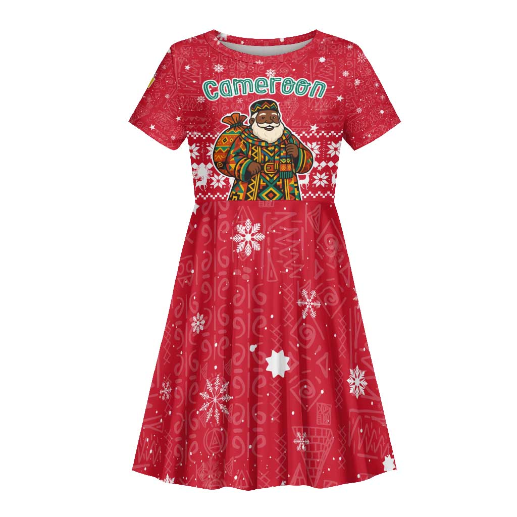 Cameroon Christmas Kid Short Sleeve Dress Snowflake Pattern Traditional Santa and Map Motif - African Pride