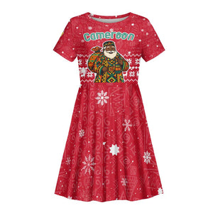 Cameroon Christmas Kid Short Sleeve Dress Snowflake Pattern Traditional Santa and Map Motif - African Pride
