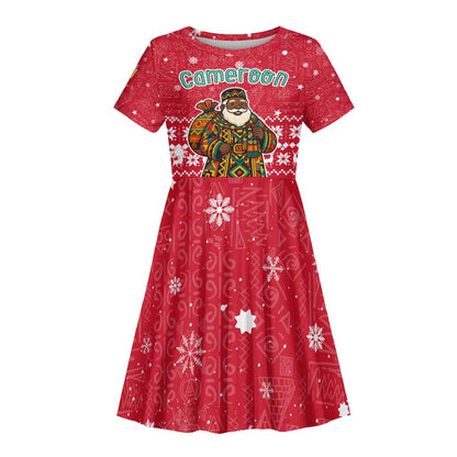 Cameroon Christmas Kid Short Sleeve Dress Snowflake Pattern Traditional Santa and Map Motif - African Pride