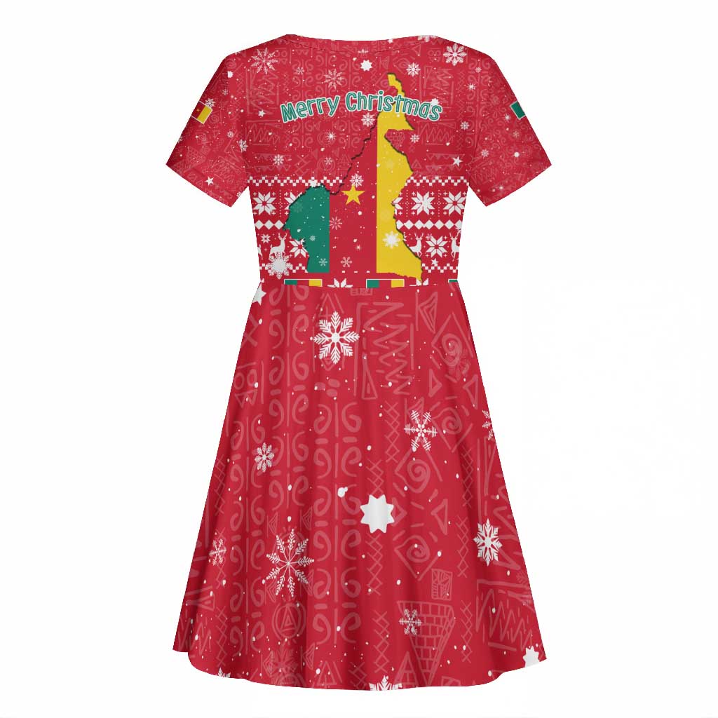 Cameroon Christmas Kid Short Sleeve Dress Snowflake Pattern Traditional Santa and Map Motif - African Pride