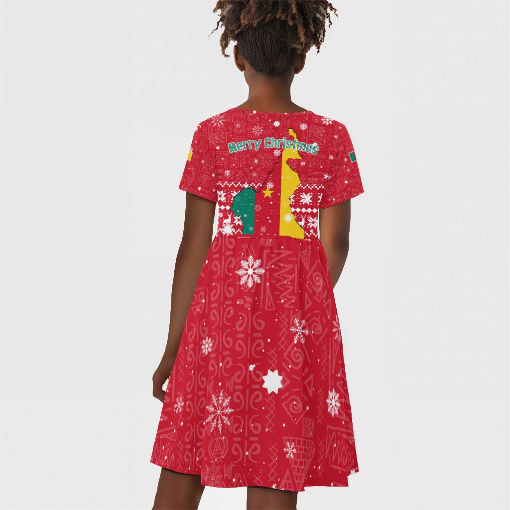 Cameroon Christmas Kid Short Sleeve Dress Snowflake Pattern Traditional Santa and Map Motif - African Pride