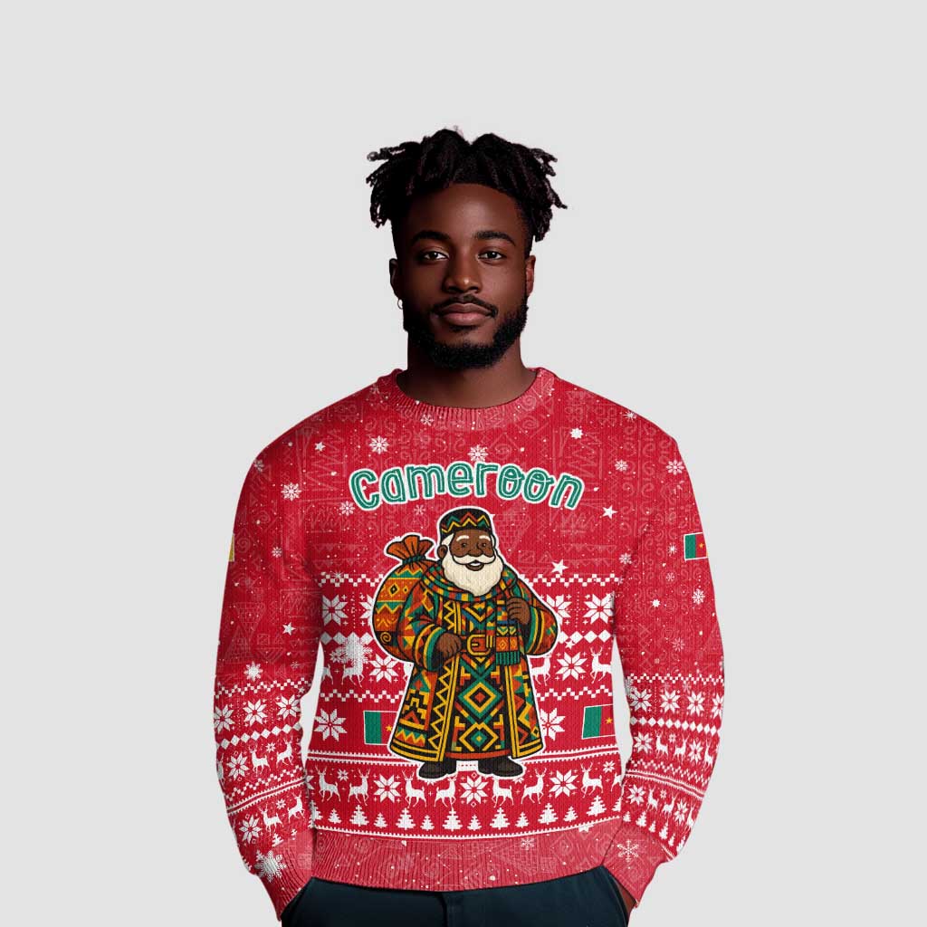 Cameroon Christmas Ugly Christmas Sweater Snowflake Pattern Traditional Santa and Map Motif - African Pride
