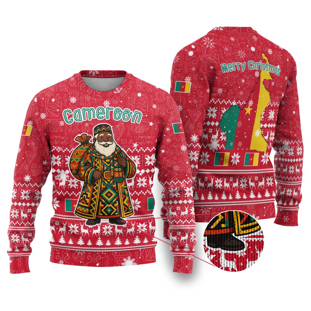 Cameroon Christmas Ugly Christmas Sweater Snowflake Pattern Traditional Santa and Map Motif - African Pride